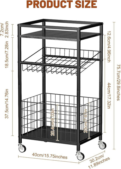 Fruit Vegetable Cart, 3-Tier Snack Kitchen Cart on Wheels & Wood Top, Utility Shelf Rack Organizer for Fruit, Vegetables, Potato, Snack, Black