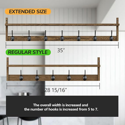 BAMEOS 35" L Wooden Coat Rack Wall Mount, Large Wall Coat Hooks with Shelf, Wall Hanging Shelf with 7 Dual Metal Hooks for Entryway, Bathroom, Kitchen, Living Room, Bedroom
