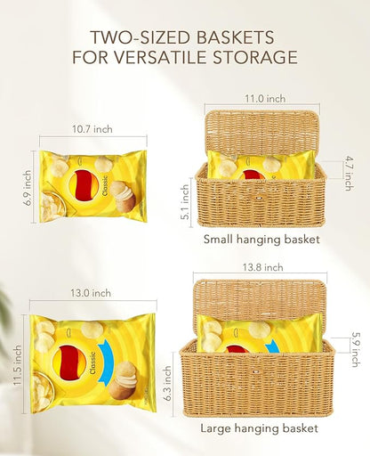 AceList Set of 2 Wicker Storage Basket with Lid, Rectangular Waterproof Handwoven Basket with Lid & Hooks, Boho Decorative Box for Organizing Home, Kitchen, and Room