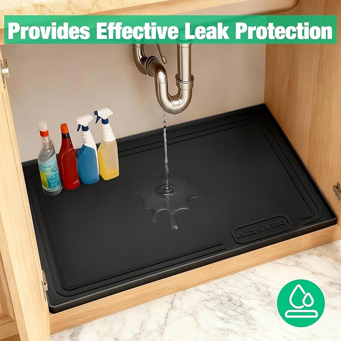 Aisslro Under Sink Mat 22" X 19", Waterproof Silicone Under Sink Mats for Kitchen, Anti-Leak Shelf Liner & Cabinet Protector with Raised Edge, [BPA Free] Bathroom Tray Home Organizer, Black