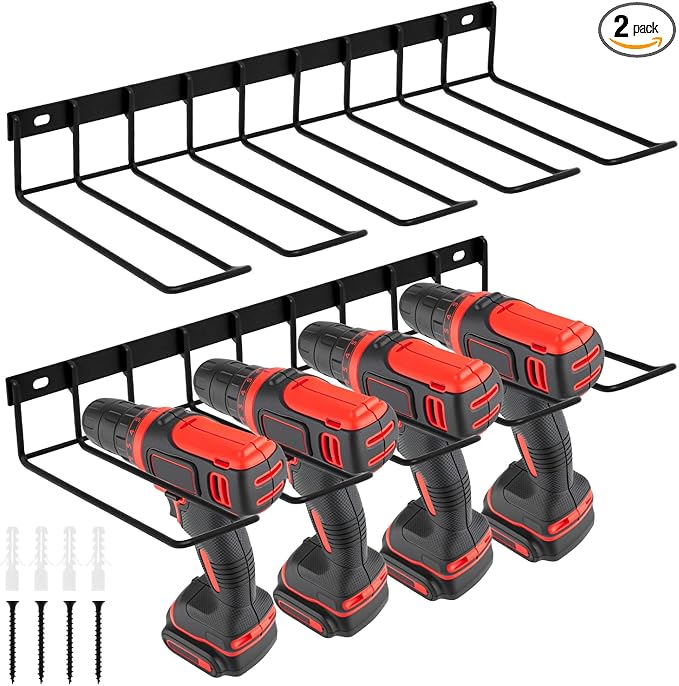 QWORK Drill Holder Wall Mount, 2 Pack Alloy Steel Power Tool Organizer Rack for Garage & Workshop, Space-Saving Storage for Drills & Accessories, 50lbs Capacity, 16.5" x 7.8" x2.36"
