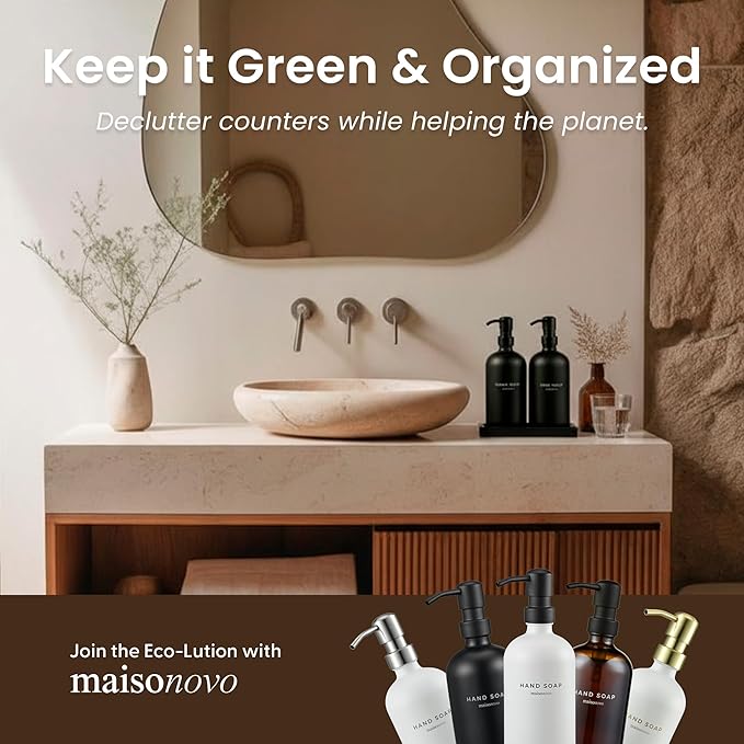 Maisonovo Kitchen Soap Dispenser Set | Hand and Dish Soap Dispenser Set with Handmade Ceramic Vanity Tray and 16 Waterproof Labels | Black Glass Bottles & Black Pumps