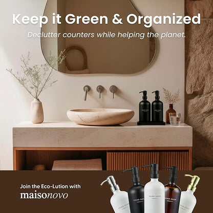 Maisonovo Kitchen Soap Dispenser Set | Hand and Dish Soap Dispenser Set with Handmade Ceramic Vanity Tray and 16 Waterproof Labels | Black Glass Bottles & Black Pumps