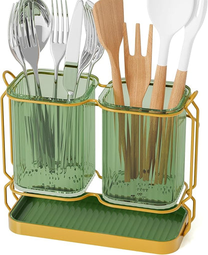 First-zgel Kitchen Utensil Holder Wall Mount, 6.7" Silverware Holder for Kitchen Countertop, Toothbrush Holders Utensil Drying Holder with Drain Tray for Silverware,Spatula (Green)