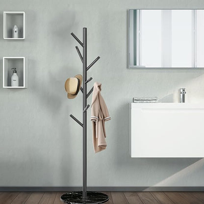 Coat Rack with Natural Marble Base, Metal Freestanding Coat Racks, Heavy Duty Coat Rack Stand with 8 Hooks for Hanging Scarf, Bag, Jacket, Black Coat Hall Tree Hanger Holder Stand