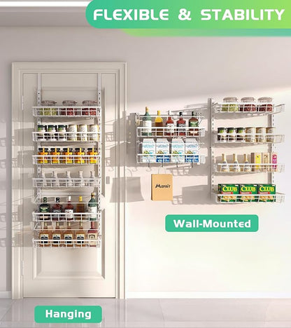 Over The Door Pantry Organizer, Wall Mount Spice Rack, Pantry Hanging Storage and Organization, 6 Adjustable Baskets Heavy-Duty Metal for Home & Kitchen, Back of Door Seasoning Rack - White