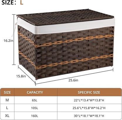 OIAHOMY Storage Basket with Lid, 27.7 Gallon (105L) Blanket Basket with Removable Liner Bag, Synthetic Wicker Hamper with Handle, Hamper for Living Room, Brown