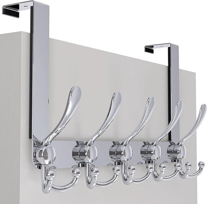 SKOLOO Over The Door Hook - for Doors up to 1-3/4'' Thickness, Metal Door Hanger with 5 Triple Hooks, Over The Door Hanger for Coats, Hats,Towels, Silver, Assembly Required