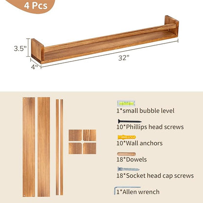 Fun Memories Nursery Book Shelves - Rustic Natural Solid Wood Floating Bookshelf for Kids - Wall Book Shelves for Kids Room (Carbonized, 32inch - 4P)
