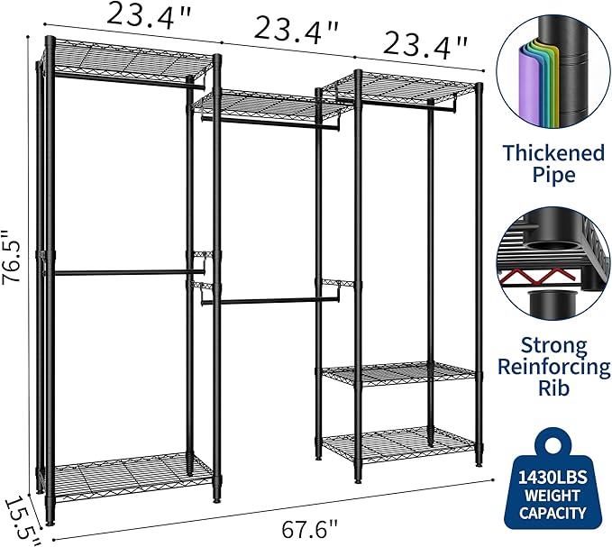 Portable Clothes Rack Heavy Duty Garment Rack, Large Freestanding Closet Wardrobe with Adjustable Shelves & 5 Hanging Rods, Closet Organizer and Storage for Bedroom Cloakroom, 76.5"H x 67.6"L x 15.5"W