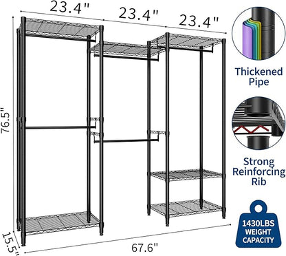 Portable Clothes Rack Heavy Duty Garment Rack, Large Freestanding Closet Wardrobe with Adjustable Shelves & 5 Hanging Rods, Closet Organizer and Storage for Bedroom Cloakroom, 76.5"H x 67.6"L x 15.5"W