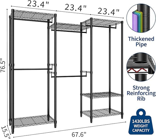 Heavy Duty Clothes Rack,Load 1433LBS Garment Rack Portable Closet,Free Standing Closet Organizers and storage with Adjustable Shelves, Hanging Rods, Dividable Black 76.5"H x 67.6"L x 15.5"W