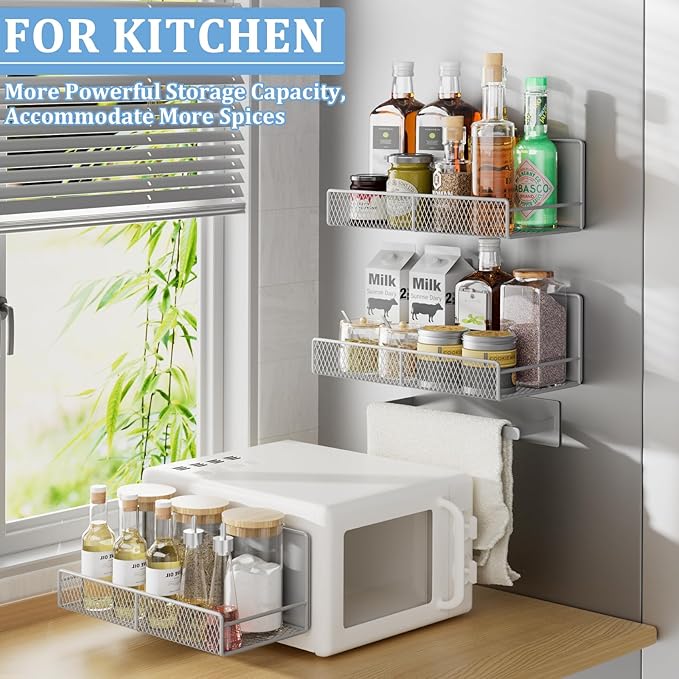 Magnetic Shelf for Washing Machine 4-Pack: Widen Magnetic Laundry Organizer (5"-6") with Hanger Organizer, Strong Magnet, Rust Proof, Heavy Duty Magnetic Spice Rack for Refrigerator (Grey)