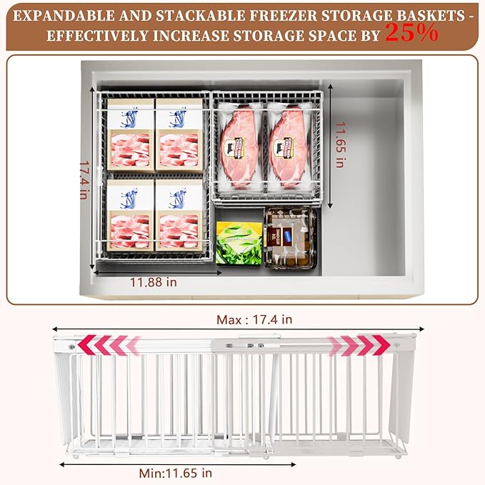 ANJUBAN Large Freezer Organizer Bins，Upgraded Bottom Leak-Proof net，2 Pack， Expandable Stackable Chest Freezer Containers with Handle，for Fridge, Deep Freezer, Cabinet, Kitchen, Pantry (White-2Pack)