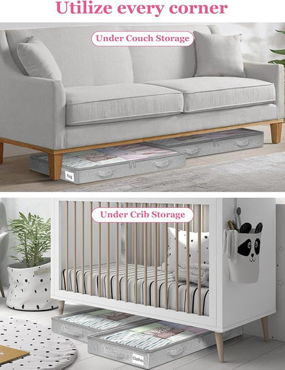 Low Profile Under Bed Storage, 3 Inches High Underbed Storage Containers Bins, NO STRUCTURE, Foldable Clothes Storage and Organizer with Lid & Zipper, Shallow Storage for Low Bed Couch Crib, 2-Pack