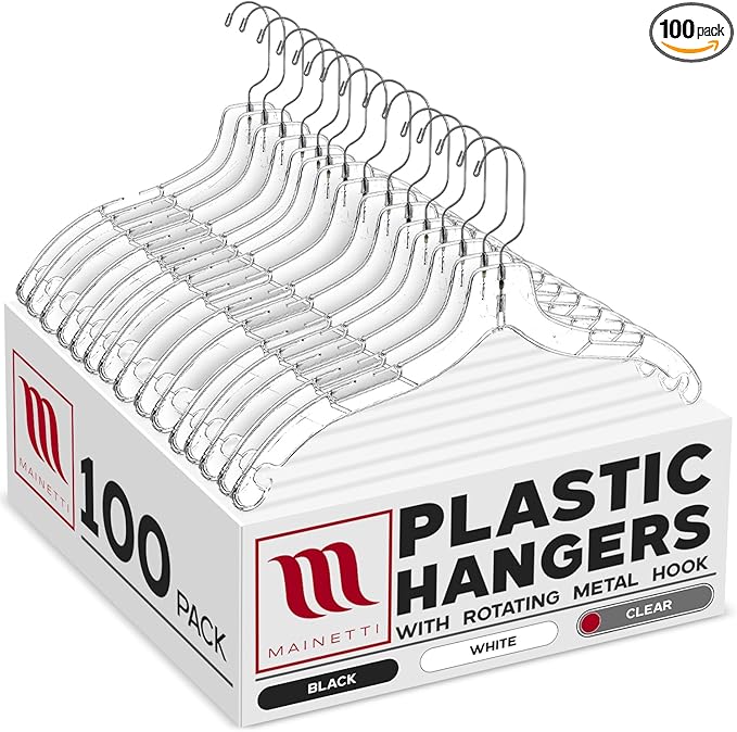 Mainetti 5400SCR Clear Plastic Hangers - 100 Pack with 360 Swivel Metal Hook and Notches for Straps, Great for Shirts/Tops/Dresses/Jackets, 17-Inch