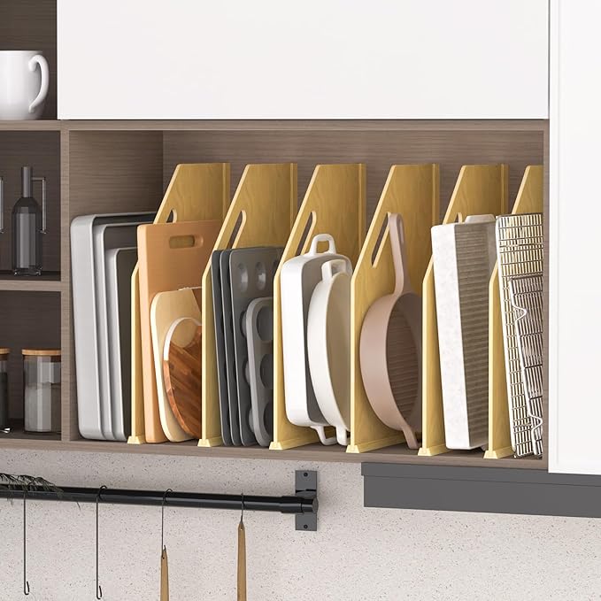 sandpaint 6 Pack Wood Tray Dividers for Cabinet, Cookie Sheet Organizer for Cabinets, No-Cut Kitchen Cabinet Dividers, Cookie Trays for Kitchen, Utility Rooms, Pantry Storage
