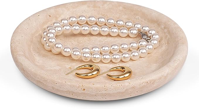 LWALMS Travertine Marble Jewelry Tray - Stone Trinket Ring Key Purse Holder Dish, Small Cute Round Plate Decorative Bowl for Nightstand Entryway Coffee Table Decor (5.5 inch)
