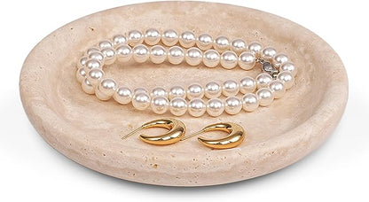 LWALMS Travertine Marble Jewelry Tray - Stone Trinket Ring Key Purse Holder Dish, Small Cute Round Plate Decorative Bowl for Nightstand Entryway Coffee Table Decor (5.5 inch)