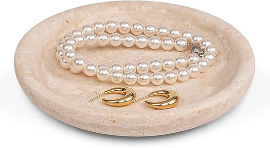 LWALMS Travertine Marble Jewelry Tray - Stone Trinket Ring Key Purse Holder Dish, Small Cute Round Plate Decorative Bowl for Nightstand Entryway Coffee Table Decor (5.5 inch)