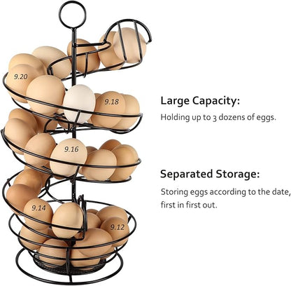 QUTREY Black Metal Egg Holder Countertop, Fresh Egg Skelter, Spiral Design Egg Dispenser Rack with Storage Basket for Kitchen