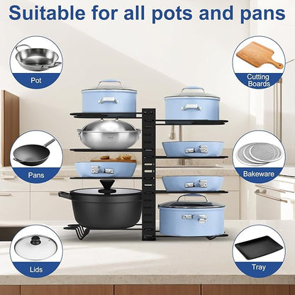 JOYART Pot and Pan Organizer, 8 Tiers Pot Lid Organizer, Adjustable Pots and Pans Organizer Under Cabinet with 3 DIY Methods for Kitchen Cabinet Cookware Organizers and Storage