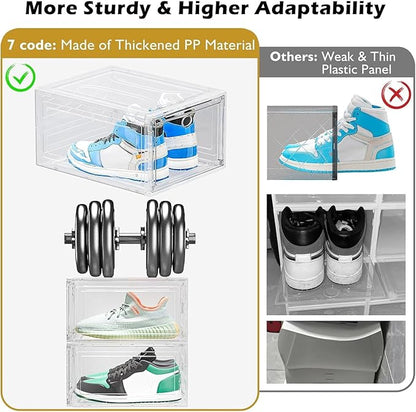 Hoogtecly 4 Pack Shoe Storage Bins, Thicken & Sturdy Clear Shoe Storage Organizer with Magnetic Door, Stackable Boxes for Closet, Foldable Space-Saving Shoe Rack for Sneaker Boot Container