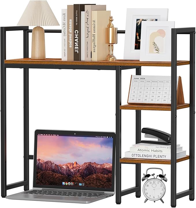 Snughome Desk Shelf, 31.9" Desktop Organizer Shelf, Desk Hutch for Computer Monitor, 4 Tier Desk Top Display Rack, Wood Desktop Bookshelf Storage Rack for Home Office Dorm, Rustic Brown