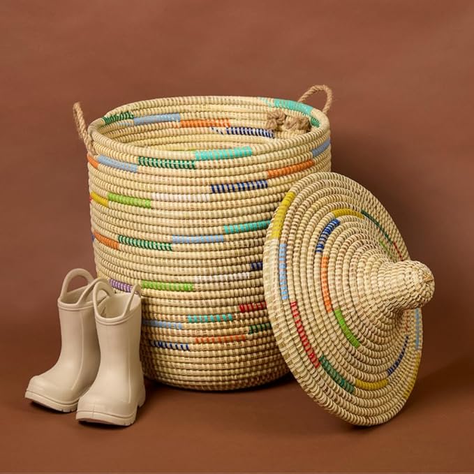 Small Storage Basket, Organizing, Storage, Wicker, Woven, With Lid, Handles, 12" Wide, 14" Tall (Colors Beige)