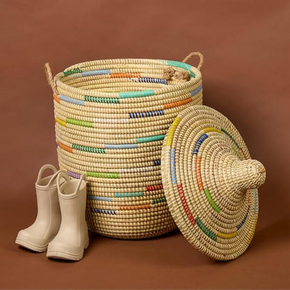 Small Storage Basket, Organizing, Storage, Wicker, Woven, With Lid, Handles, 12" Wide, 14" Tall (Colors Beige)