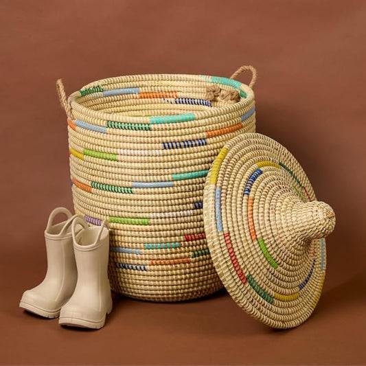 Small Storage Basket, Organizing, Storage, Wicker, Woven, With Lid, Handles, 12" Wide, 14" Tall (Colors Beige)