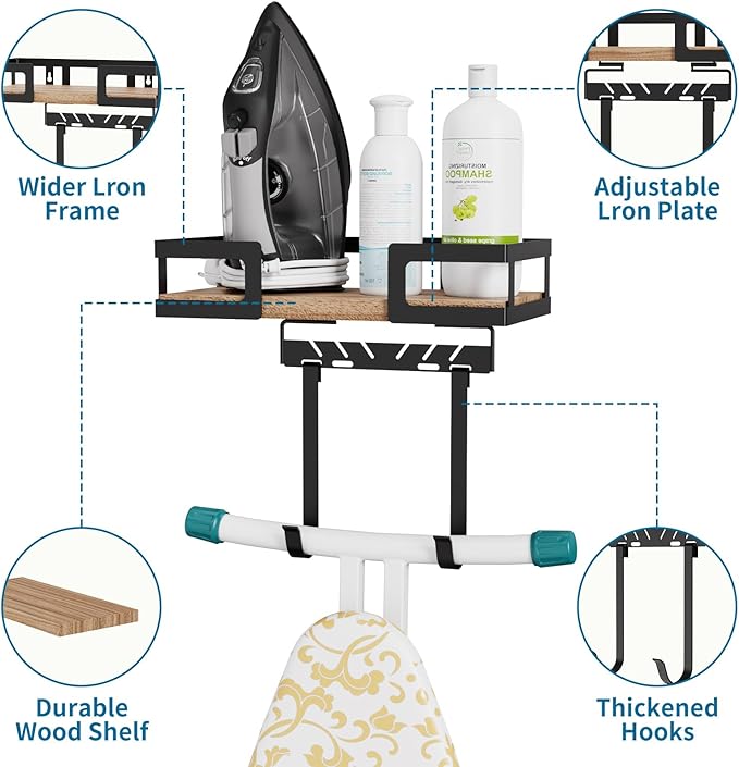 Ironing Board Holder Wall Mount, Heavy-Duty Metal Ironing Board Hanger with Hooks, Space-Saving Storage Rack for Laundry Room, Garage or Door, Black