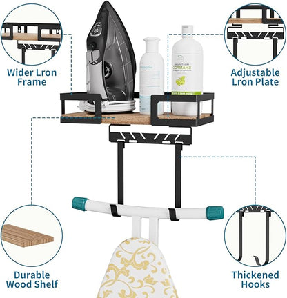 Ironing Board Holder Wall Mount, Heavy-Duty Metal Ironing Board Hanger with Hooks, Space-Saving Storage Rack for Laundry Room, Garage or Door, Black