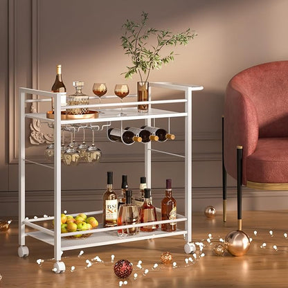 Bar Cart,Home Bar Serving Cart with Storage Shelves, 2 Tier Rolling Beverage Cart with Wheels, Modern Wine Cart with Wine Rack and Glass Holder for Kitchen, Living Room,Dinning Room,White
