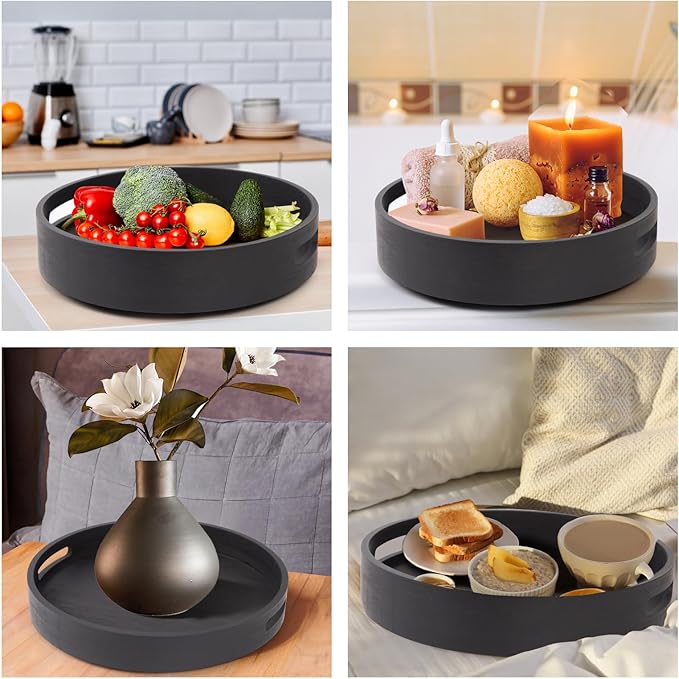 10in Bamboo Lazy Susan Pantry Turntable Organizer and Storage with Tall Side Anti Fall for Countertop and Spice Organization for Table Top Round Seasoning Condiment Tray for Kitchen (Black Bamboo)
