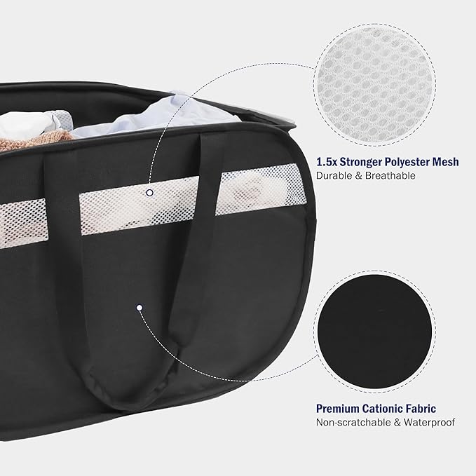 Collapsible Laundry Baskets, Foldable Tear Proof Pop Up Hamper with Reinforced Carry Handles, Durable Laundry Hamper for Home, Laundry, Bathroom, Dorm or Travel (Black, 2 Pack)