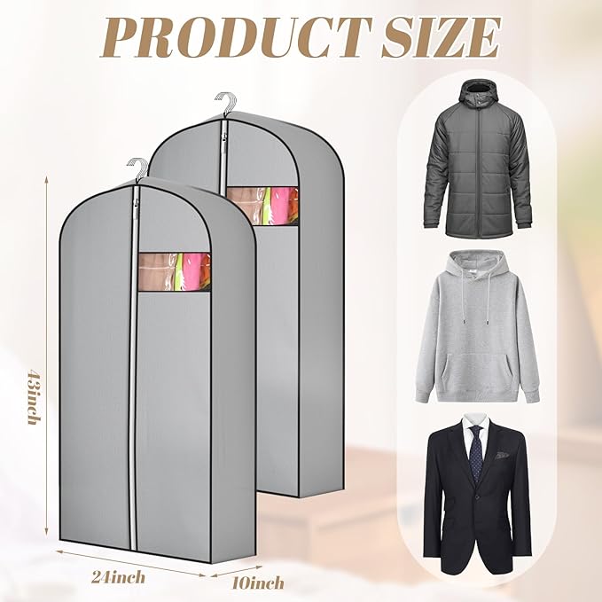 2 Pcs 10" Gusseted Garment Bags for Hanging Clothes Dress Bags for Gowns Long Closet Waterproof Garment Covers Wedding Dress Cover Traveling Clothes Protector(Gray,43 Inch)
