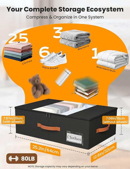 TOSKING Under Bed Storage with Wheels 2 Pack, 4 Vacuum Bags Included, 7.9" Rolling Underbed Bins, Durable Oxford Fabric, 80lbs Heavy Duty Drawer Organizer for Clothes, Shoes, Toys, Black