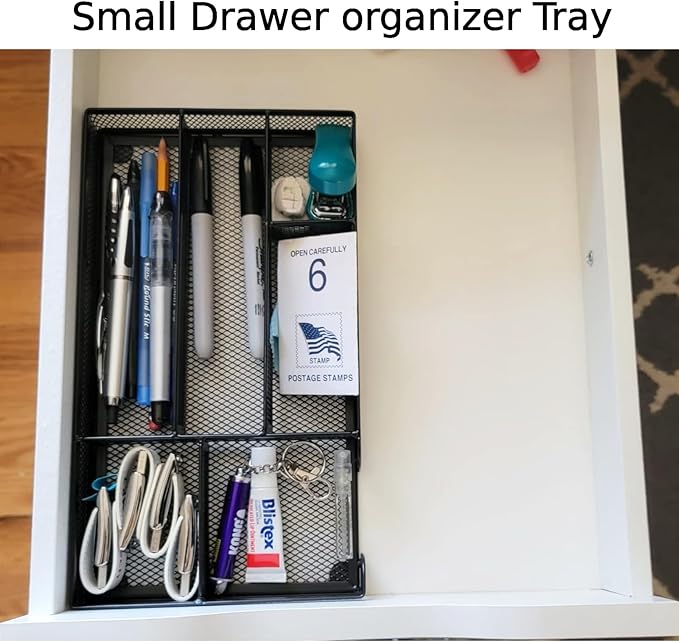 Desk Drawer Organizer Tray, Metal Mesh Drawer Office Drawer Organizer w/6 Compartment, Small Desk Organizer Tray for Home Office School Supplies, Desktop, 11X 6 X 1.45in, Black