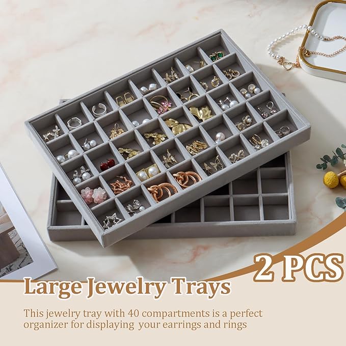 KATISYIO Large Velvet Jewelry Tray 2 Pack Stackable Jewelry Display Drawer Inserts Trays Organizer for Earring Bracelet Necklace Ring (Gray, 40 Grids)