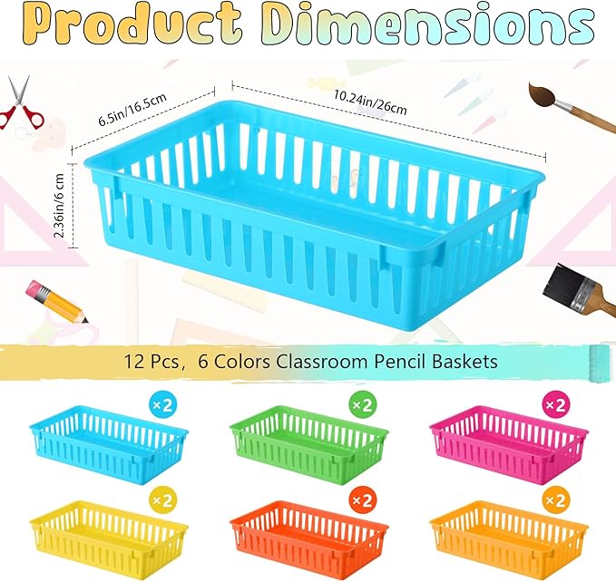 Wenqik Set of 12 Plastic Baskets for Organizing 10.24 x 6.5 x 2.36 Inch Rectangular Trays Plastic Organizer Bins Rectangle for Desk Organization (Colorful)