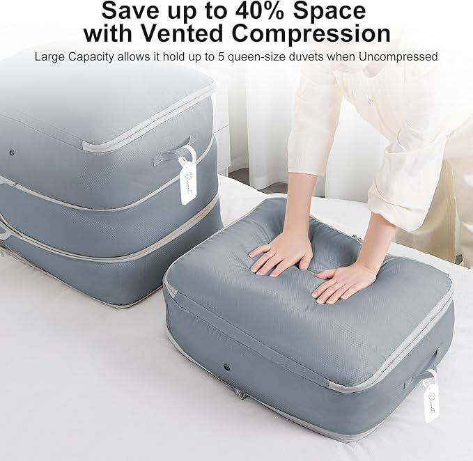 Easortm Comforter Storage Bag - Large Capacity Blanket Storage Bags 3-Layer Ultra Space Saving Self Compression Organizer, Washable Compression Bags for Storage Comforter Blanket, 8-Pack, Grey