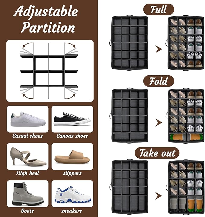 PAKISOU 24 Pair Shoe Storage Box, Foldable Closet Shoe Organizer with Adjustable Dividers & Clear Cover, Space-Saving Shoe Containers for Home
