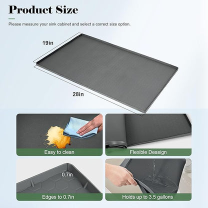 28"x19" Silicone Under Sink Mat for Bathroom/Kitchen Cabinet Organizer Mat | Leak-Proof Waterproof Liner Pad & Anti-Spill Tray | 0.7in Edge Barrier, 3.5Gal Capacity
