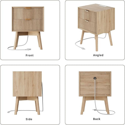 FavourLife Fluted Nighstand, Beveled Edges Night Stand, 2 Drawer Nightstand with Charging Station, Modern End Table with Solid Wood Legs, Wooden Bedside Table for Bedroom Sofa Home Office, Natural Oak