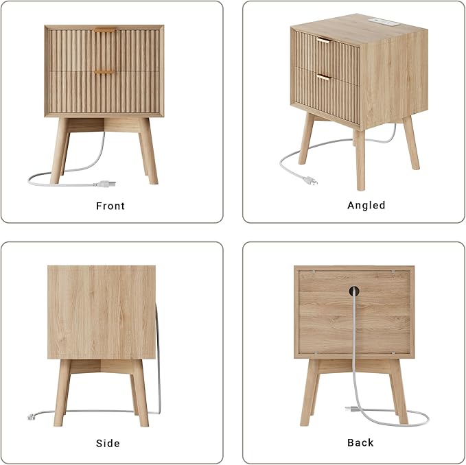 FavourLife Fluted Nightstand, Night Stand Set 2, Modern Nightstands Set of 2 with Beveled Edge & Solid Wood Legs, 2 Drawer End Table with Charging Station, Wooden Bedside Table for Bedroom,Natural Oak