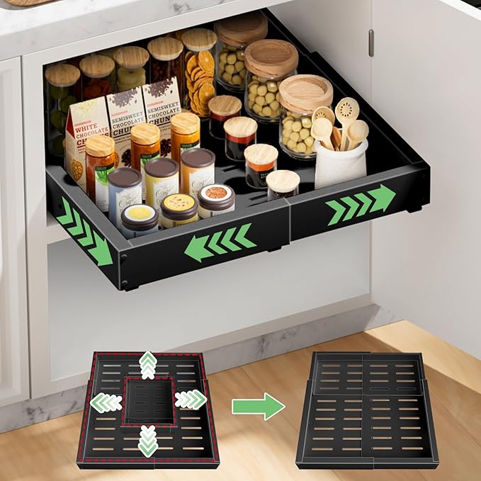 BUFOR 1 Pack Pull out Cabinet Organizer, Width (12"-19") Depth (17"-23"), with 3 Rails Adjustable Slide, Expandable Pullout Drawers for Cabinets, No Drill Adhesive Kitchen Drawers for Pantry Shelves