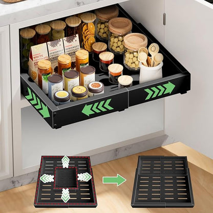 BUFOR 1 Pack Pull out Cabinet Organizer, Width (12"-19") Depth (17"-23"), with 3 Rails Adjustable Slide, Expandable Pullout Drawers for Cabinets, No Drill Adhesive Kitchen Drawers for Pantry Shelves