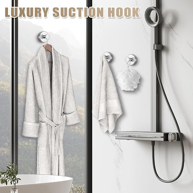 Fenas Suction Cup Hooks for Shower No-Drill Bathroom Hooks for Towels, Robes, Loofah Mountable on Bathroom Walls, Kitchen, Glass, Mirrors, Tile and Smooth,Non-Porous Surfaces (2, Chrome Polished)