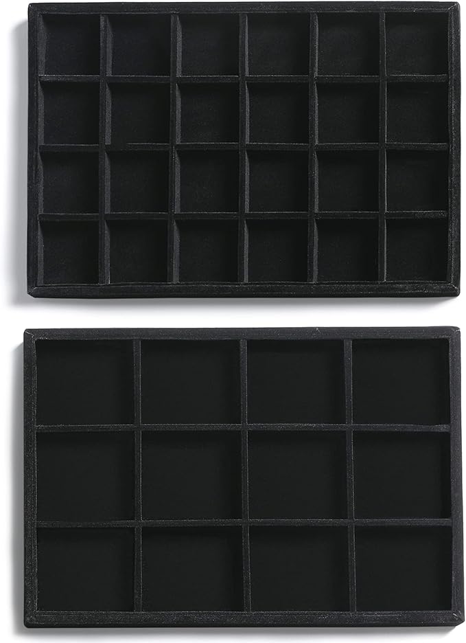 Frebeauty Stackable Velvet Jewelry Organizer Trays for Drawers Inserts Jewelry Storage Tray Display Case, Stud Earrings Bracelets Necklace Rings Accessories Trays for Women (Set of 2 Black)